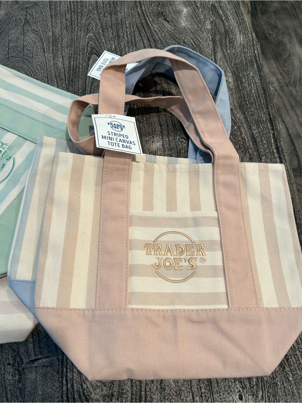 Trader Joe’s Striped Mini Canvas Tote Bags (4) Pink, Blue, Green, Tan - Picture 8 of 10